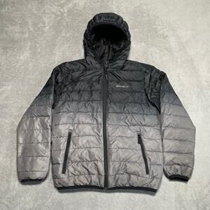 Eddie Bauer Jacket Kids Medium Black Grey Duck Down Reversible Packable Hooded